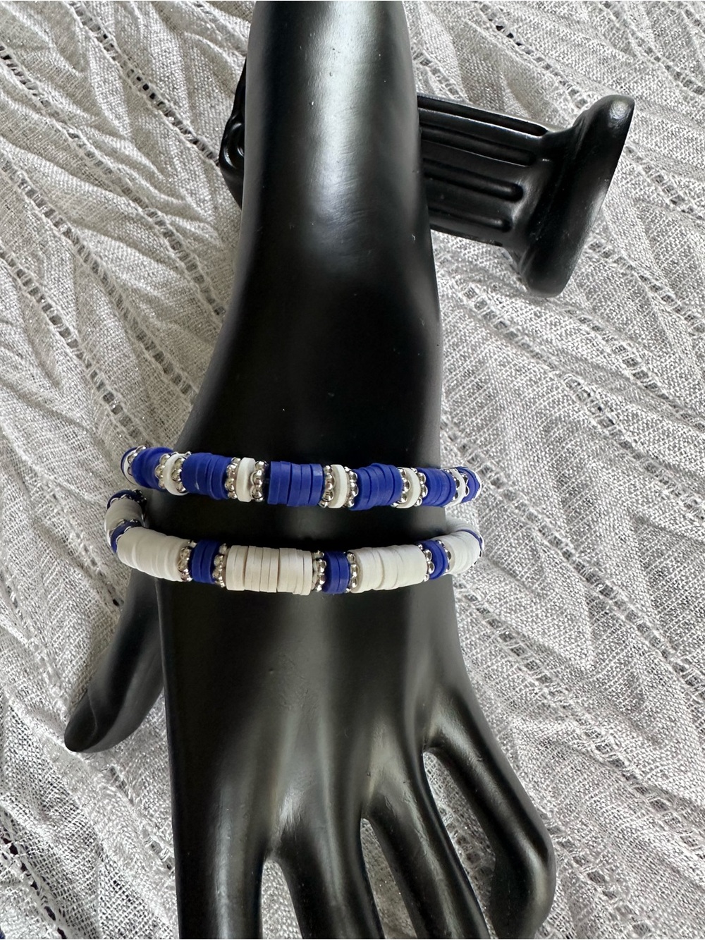 Blue & White Heishi Handmade Beaded Stretch Bracelets with Silver Accents